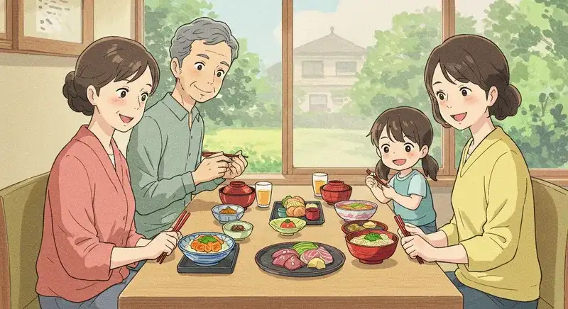 定食を囲んで食事を楽しむ家族