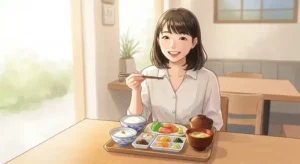 明るい店内で定食を楽しむ女性
