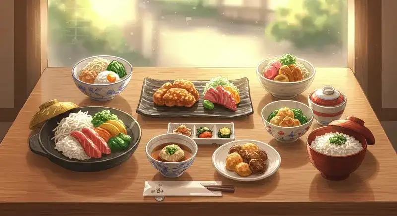 昼の光の中に並んだ5つの定食