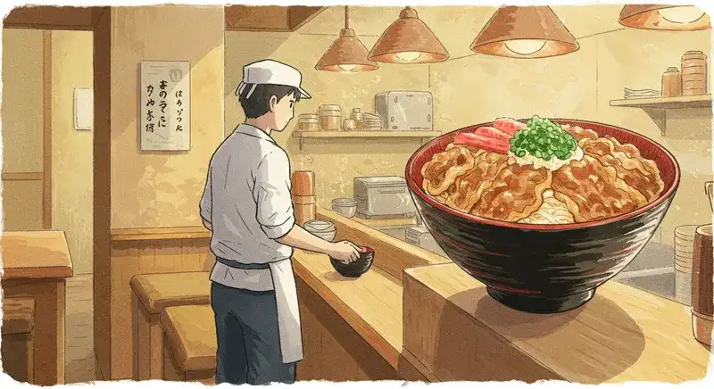 カウンター裏で丼を準備する店員のイラスト
