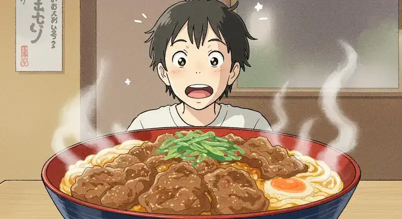 巨大な牛丼を前に目を輝かせる人のイラスト