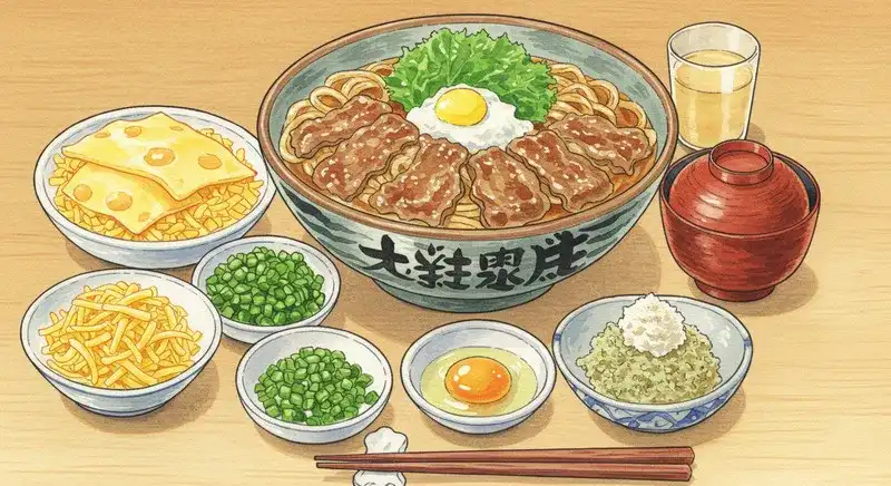 キング牛丼と様々なトッピングのイラスト