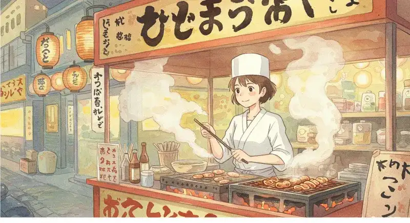 屋台で郷土料理を焼く様子