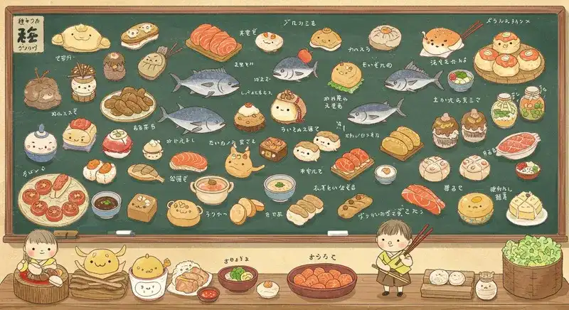 黒板に描かれた食べ物イラスト