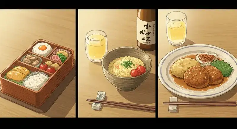 お弁当やおつまみが並ぶ食卓