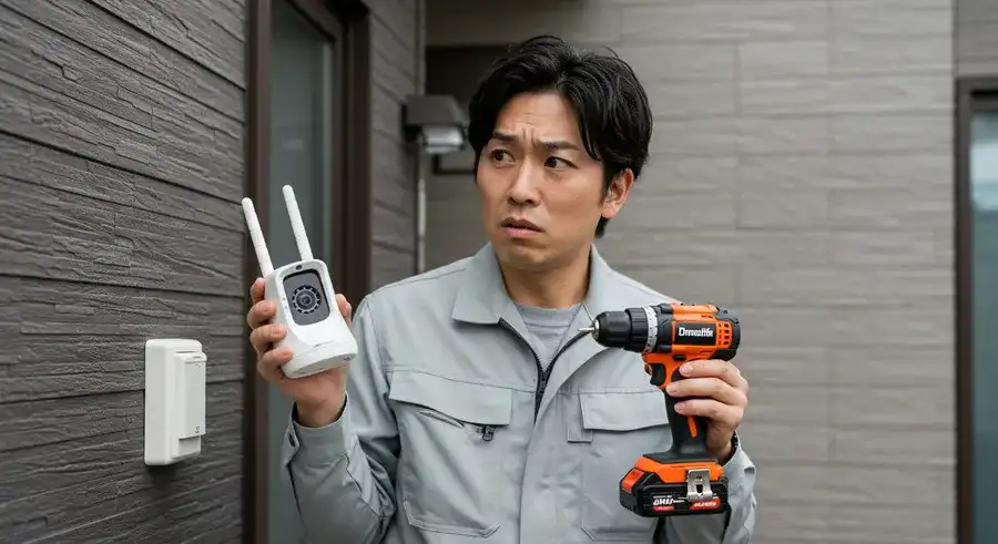 防犯カメラのDIYで壁を前に悩む人物