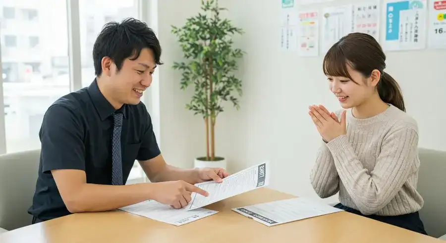 賃貸契約書を確認する入居者と管理会社