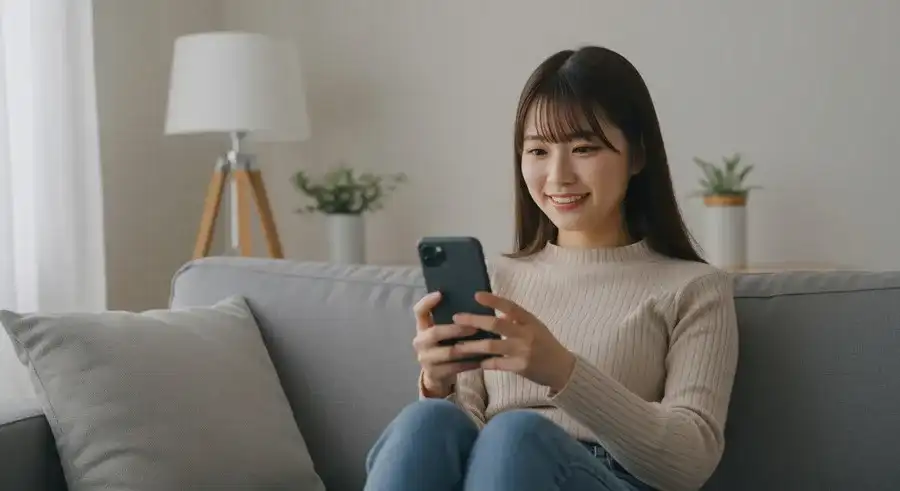 スマホ連動のドアスコープカメラで安心する女性