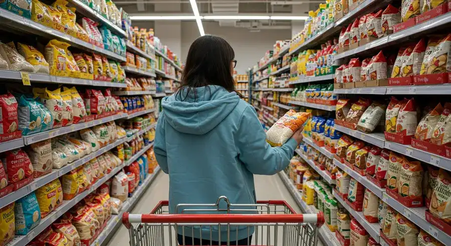 業務スーパーの米売り場で商品を選ぶ人物の様子