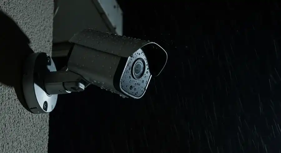 雨の中でも稼働している屋外用防犯カメラ