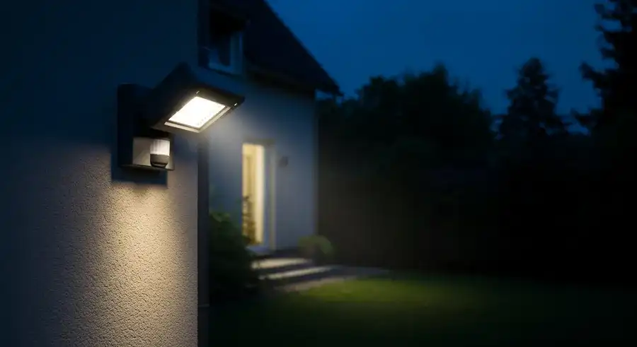 夜間に屋外の庭を明るく照らすセンサーライト