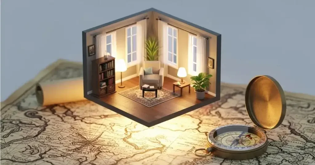 地図の上に置かれた一人暮らしの部屋のミニチュアと羅針盤