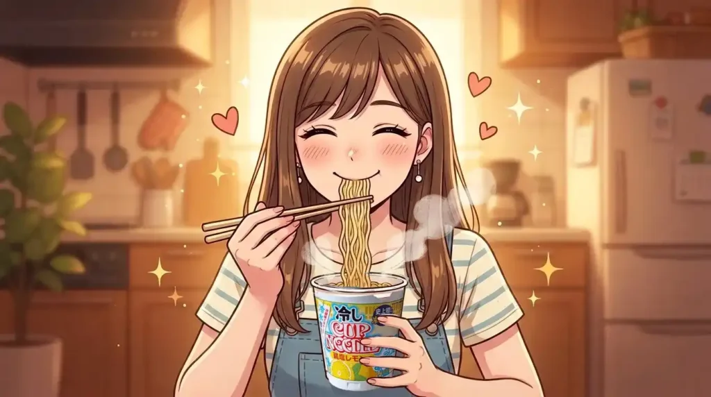 冷やしカップヌードルを食べる